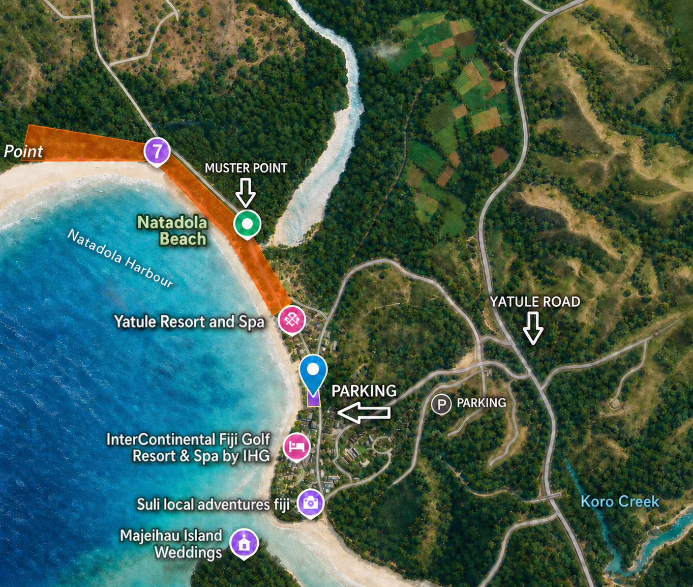 Map showing directions, parking and the muster point for the Natadola Beach Clean-Up